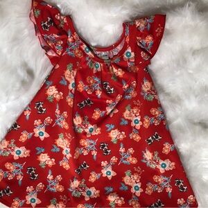 Size 12-24 Floral Red Dress with Ruffle Sleeves